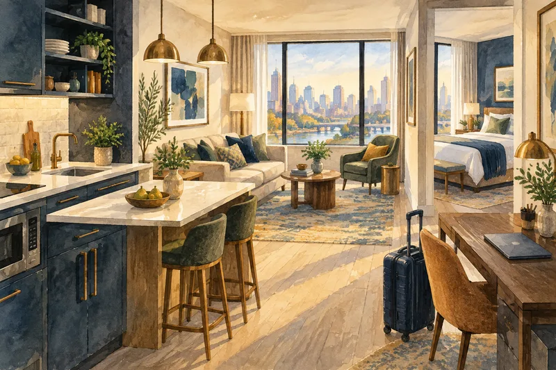 Watercolor illustration of a hotel suite with a kitchen, sofa, workspace and bedroom.