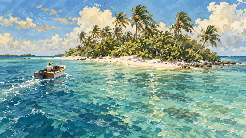 Watercolor and gouache illustration of a small boat approaching a palm-covered Florida Keys island.