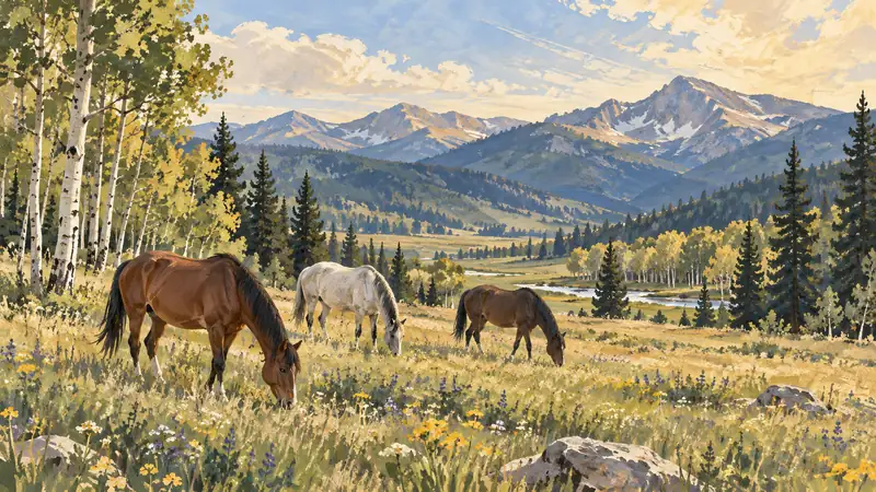Gouache illustration of horses grazing in a Colorado mountain meadow.